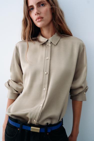 GOLD-BUTTON SATIN SHIRT — Light khaki 2