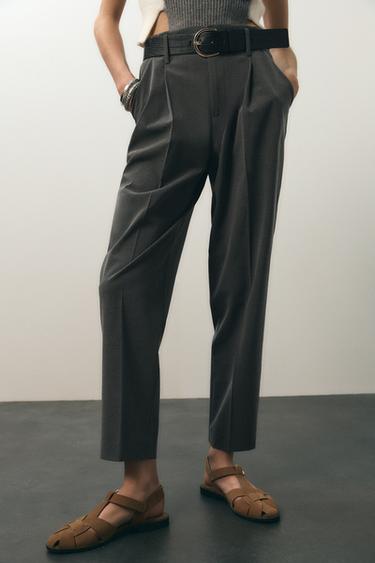 Zara BELTED TAPERED PANTS - Dark gray