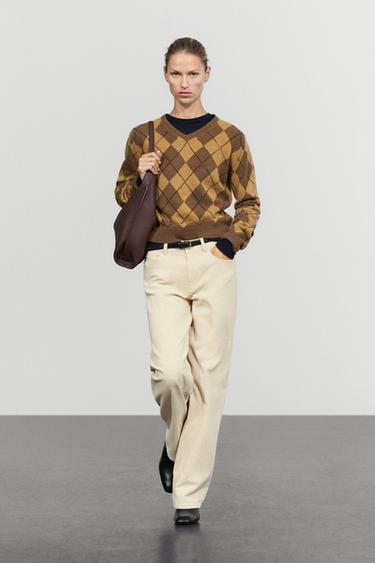 100% wool argyle knit sweater — Light brown 1