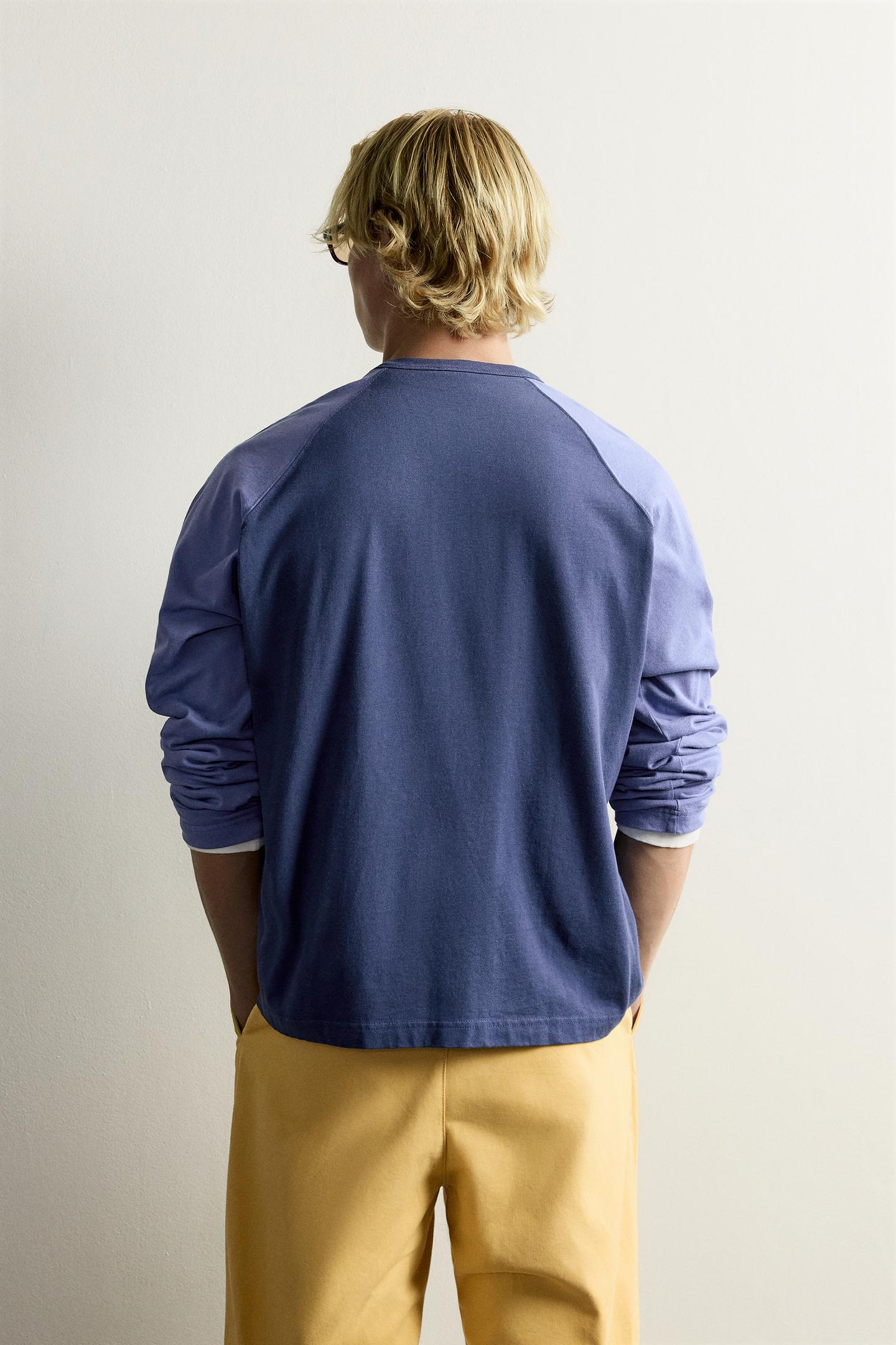Мужская футболка Zara Color Block Long Sleeve, цвет: Синий — фото 3