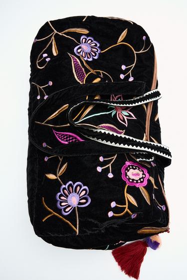 QUILTED VELVET TOTE BAG WITH SILK EMBROIDERY - Black by Zara