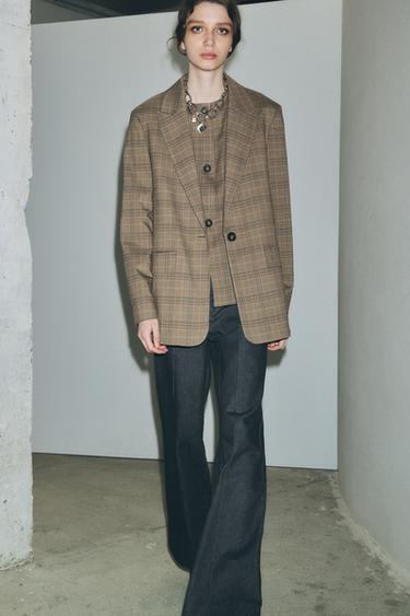 Zara VISCOSE BLEND PLAID BLAZER - Brown