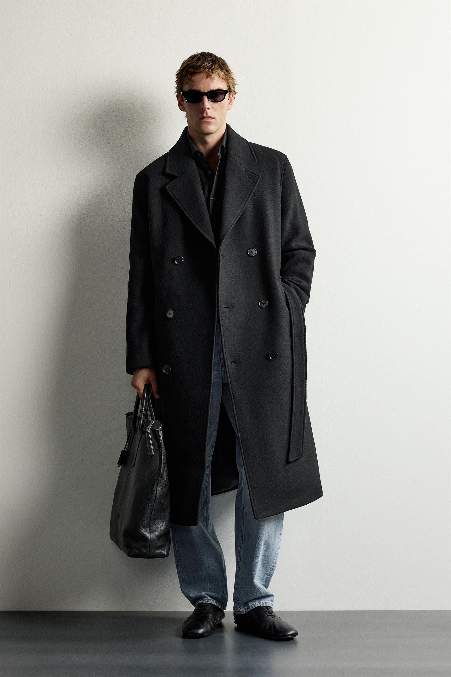 Мужское пальто Zara Wool-Blend Belted Double-Breasted, цвет: Чёрный