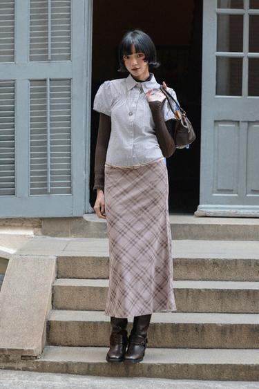 Zara 彈性格紋府綢襯衫 - 棕色-藍色