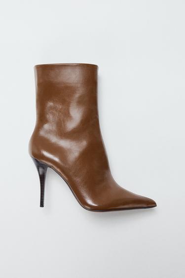 FAUX-PATENT HEELED ANKLE BOOTS - Brown by Zara