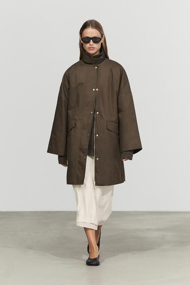Zara Waxed-effect parka with plaid lining - olive green - Image 0