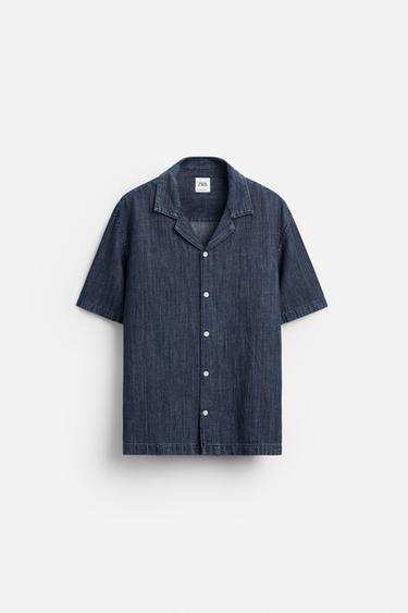 CHEMISE COTON - LIN - Bleu de Zara