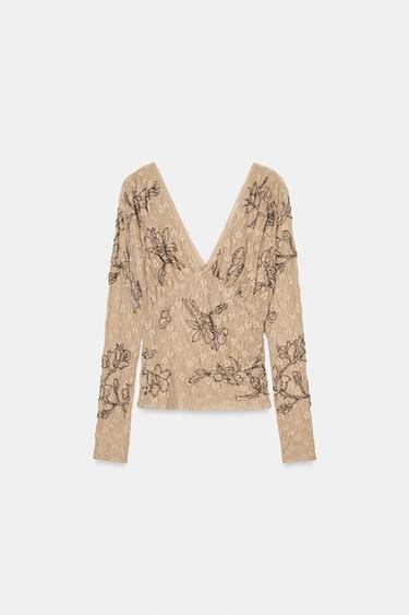 TOP BRODÉ AVEC FANTAISIE - Beige de Zara - Image 5