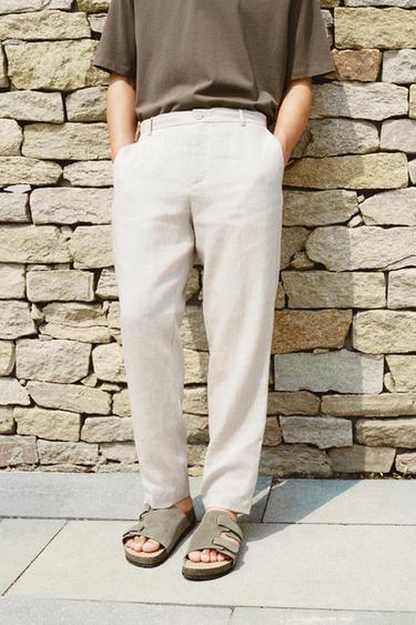 REGULAR FIT 100% LINEN TROUSERS - Light beige by Zara