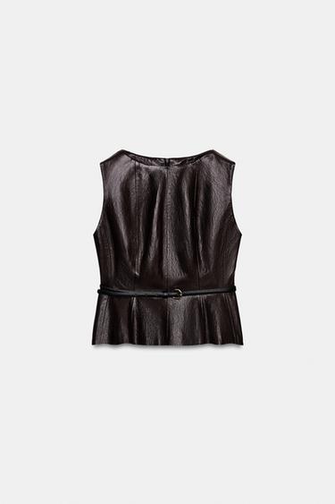 Zara FAUX LEATHER BELTED TOP - Brown