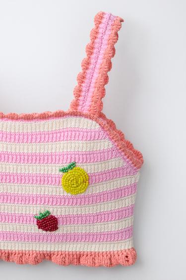 ENSEMBLE TOP ET PAREO EN MAILLE CROCHET FRUITS ET RAYURES - Rose de Zara - Image 2