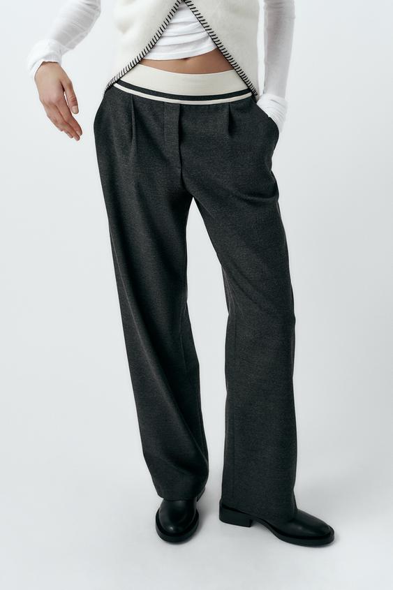 Zara Check Pants Side Stripe Wide Leg High Rise Grey Plaid Trousers Medium M