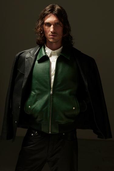 LEATHER BOMBER JACKET - Mid-green by Zara