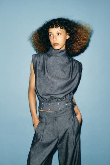 Zara LINEN BUCKLE STUD TOP - Indigo