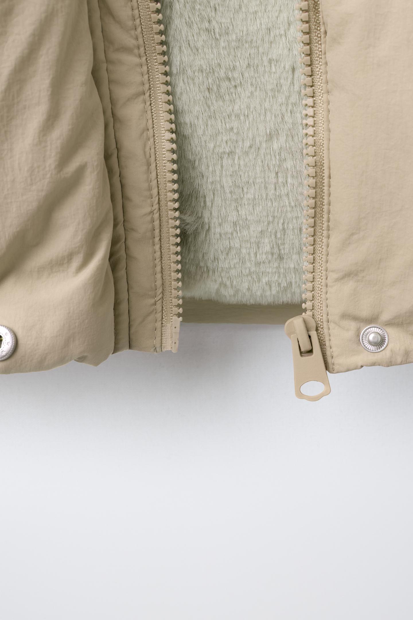 Детская куртка Zara Water-Repellent Thermal 50/50 Down and Feather with Detachable Faux Fur Hoodie, цвет: Бежевый — фото 9