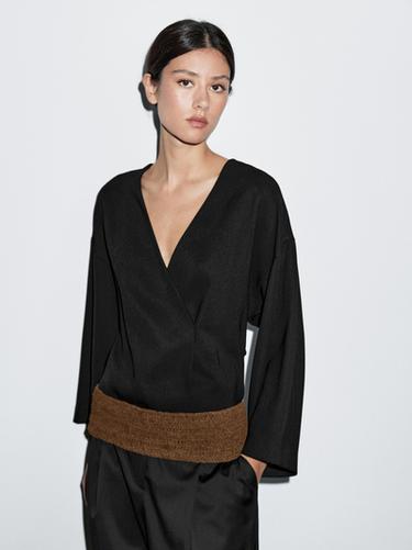 Ceinture bandeau tressée en croûte de cuir - Caramel de Zara