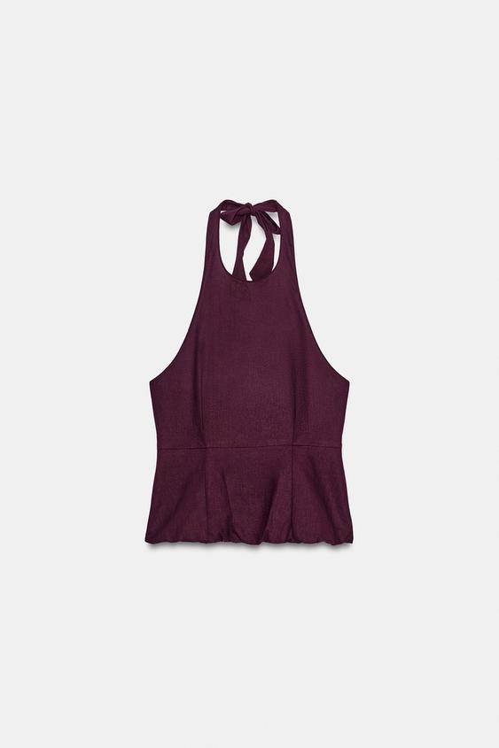 LINEN BLEND PEPLUM TOP - Aubergine by Zara - Image 0