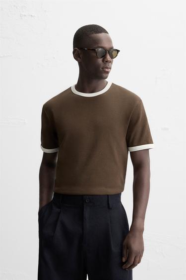 BASIC CONTRAST RIB T-SHIRT - Brown / Ecru by Zara