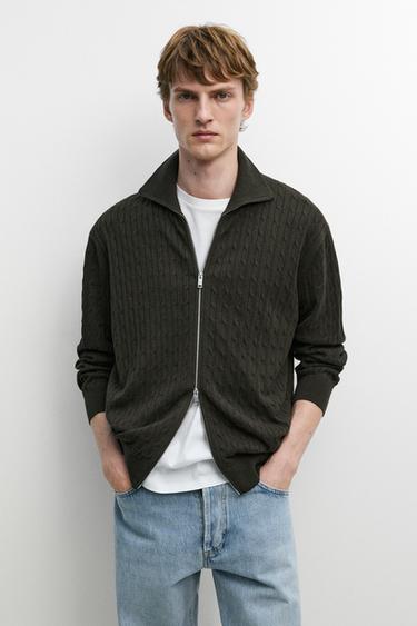 Zara 100% cotton braided knit cardigan - KHAKI