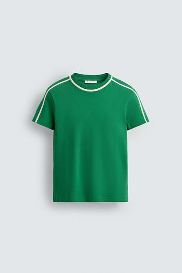 CAMISETA SLIM FIT CONTRASTE - Verde de Zara - Imagen 0