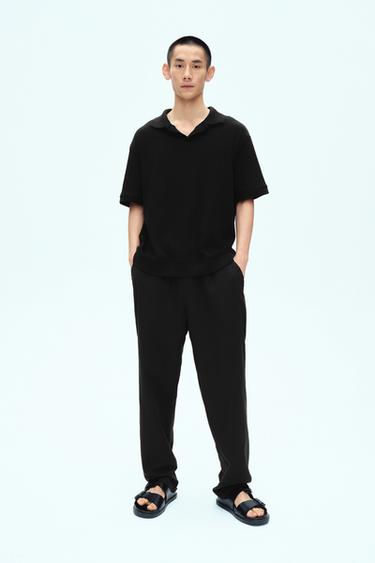 Zara 棉質-亞麻休閒版長褲 - 黑色
