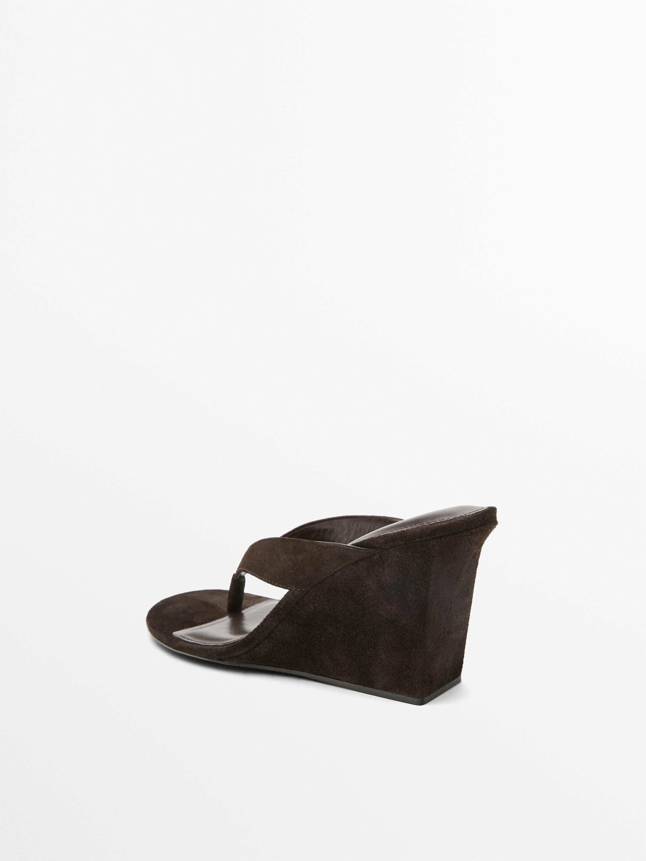 Split leather high-heel wedge sandals