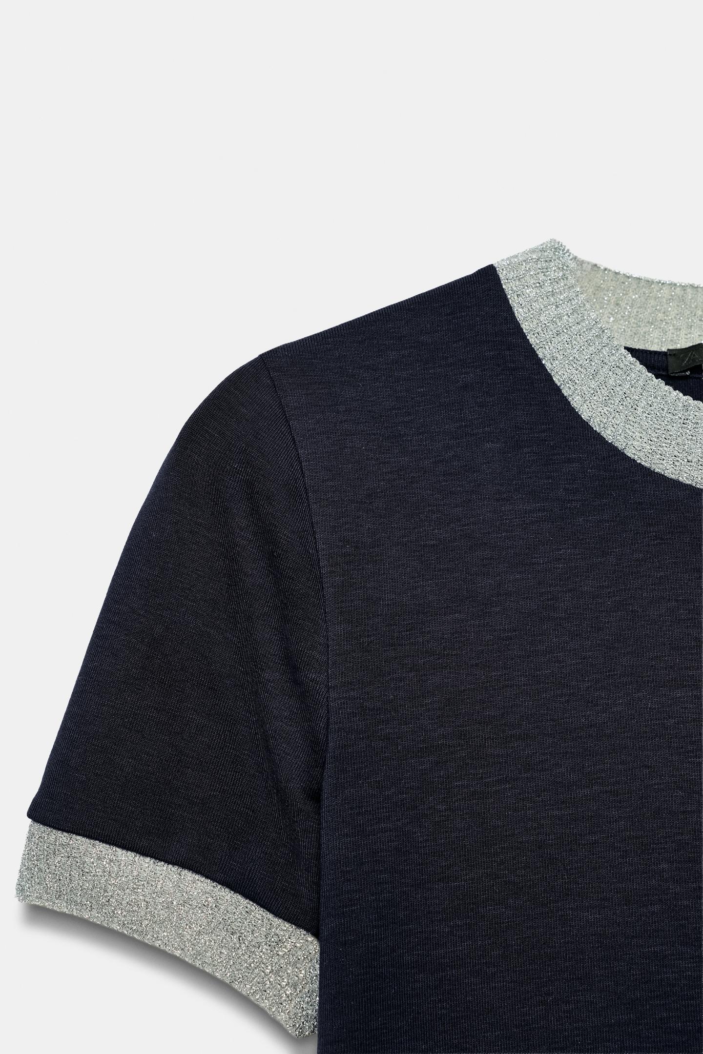 Женская футболка Zara Contrast Rib, цвет: Синий / Чёрный — фото 8