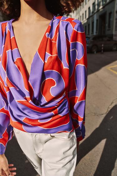 PRINTED SATIN SHIRT WITH SHOULDER PADS - Multicoloured by Zara