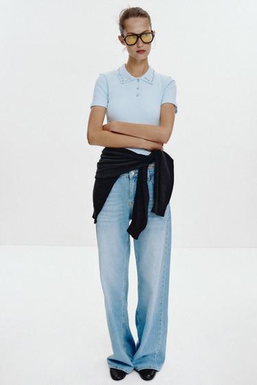 Zara JEWEL COLLAR RIBBED POLO SHIRT - Blue