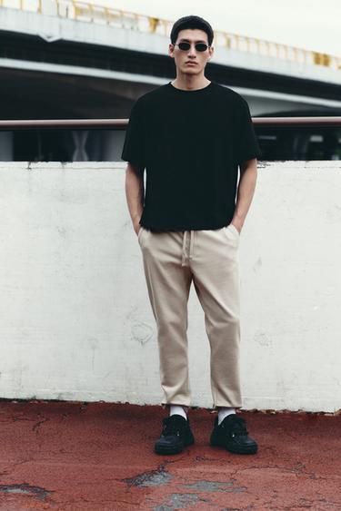 Zara 舒適版運動風褲腰長褲 - 米色