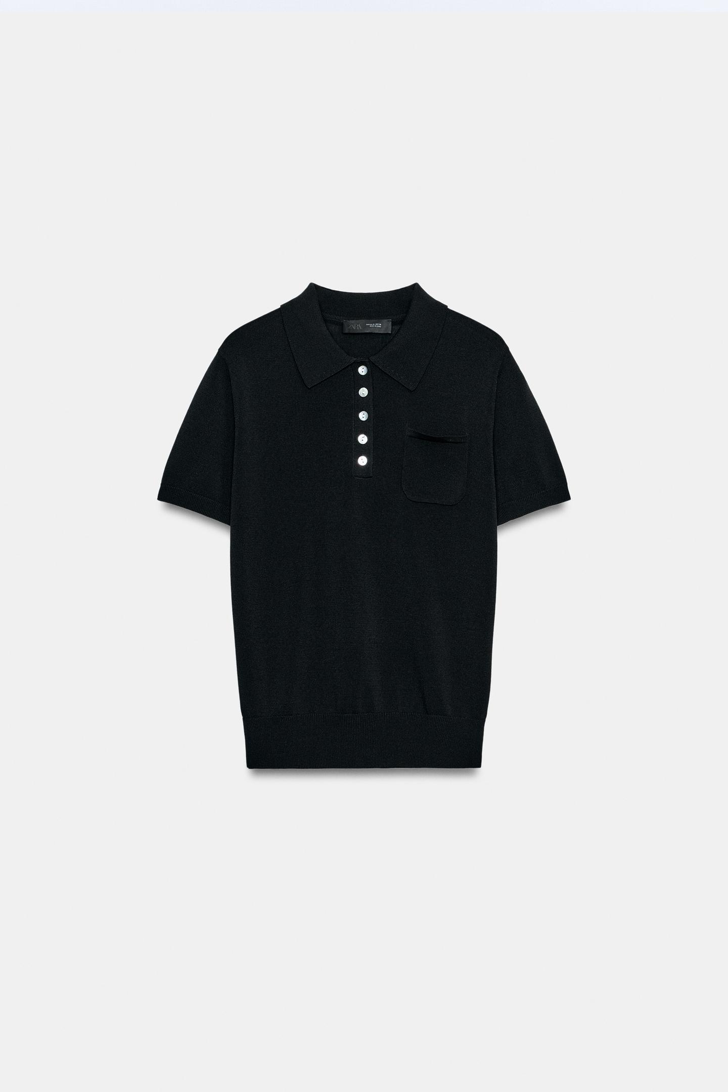 Женское поло Zara Short Sleeve Knit Polo, цвет: Чёрный — фото 7