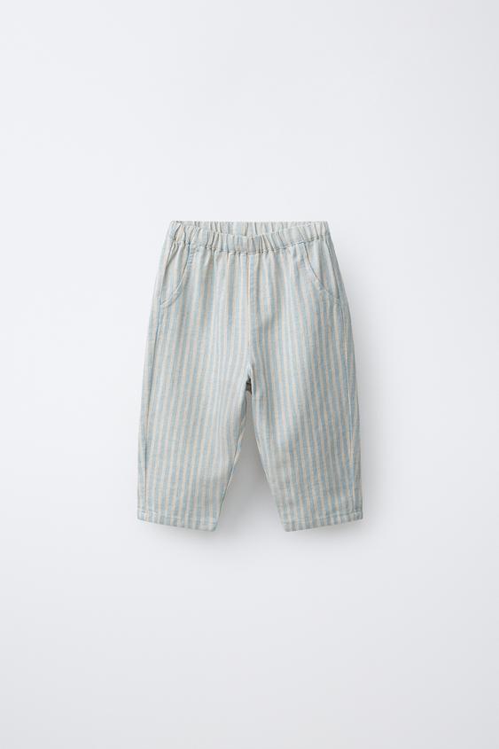 PANTALÓN RAYAS ALGODÓN Y LINO - Azul agua de Zara - Imagen 0
