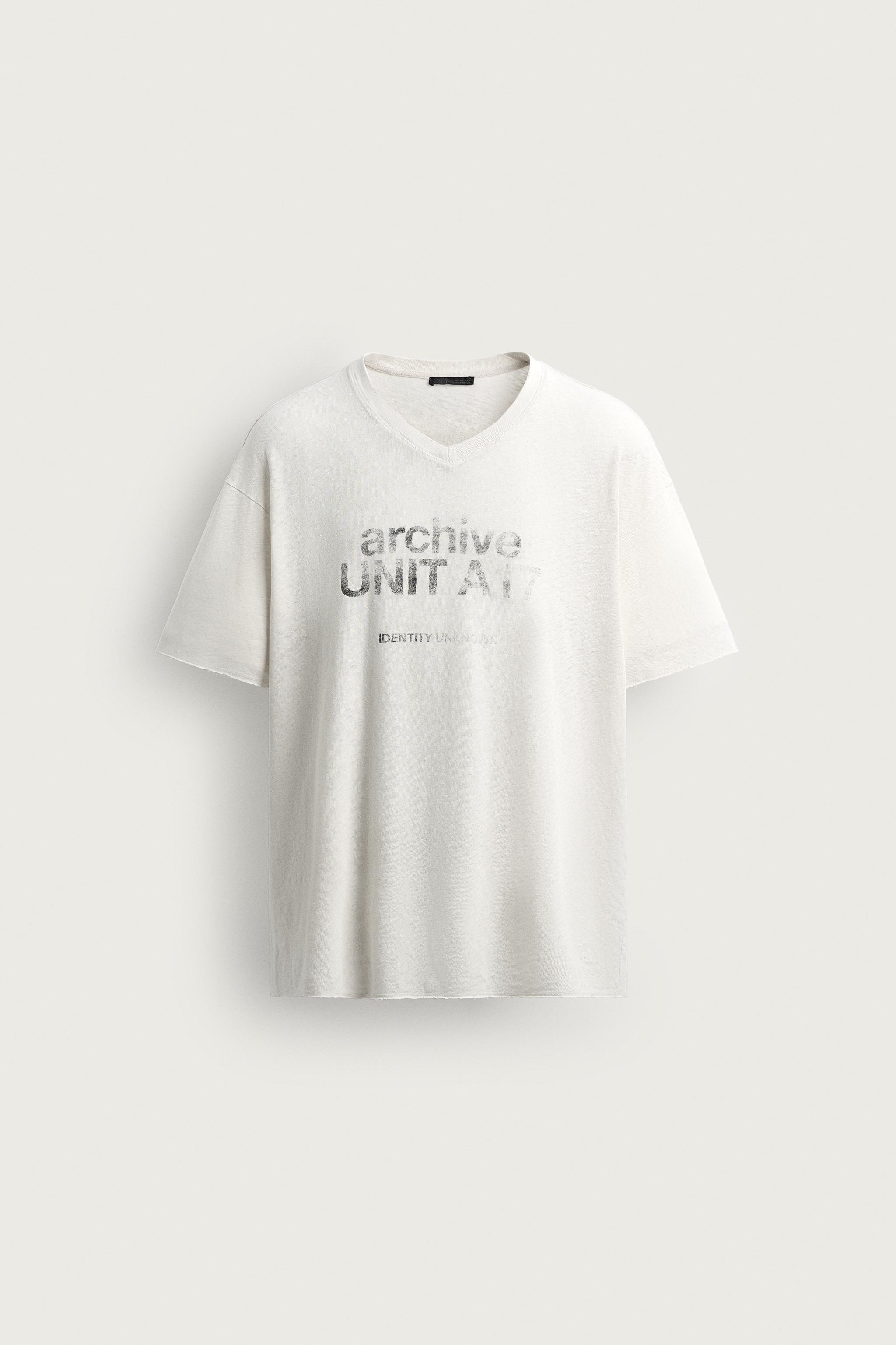 WASHED COTTON-LINEN T-SHIRT WITH TEXT — White