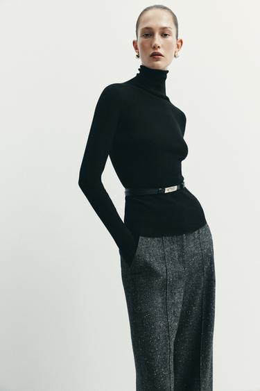 Zara 100% WOOL HIGH COLLAR BELTED JUMPER - Black