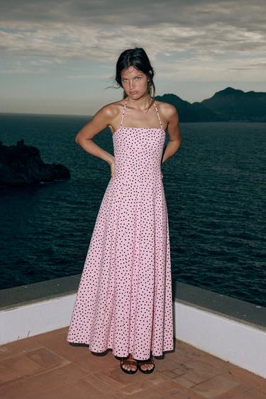 Zara POLKA DOT VOLUME HALTER MIDI DRESS - Pink