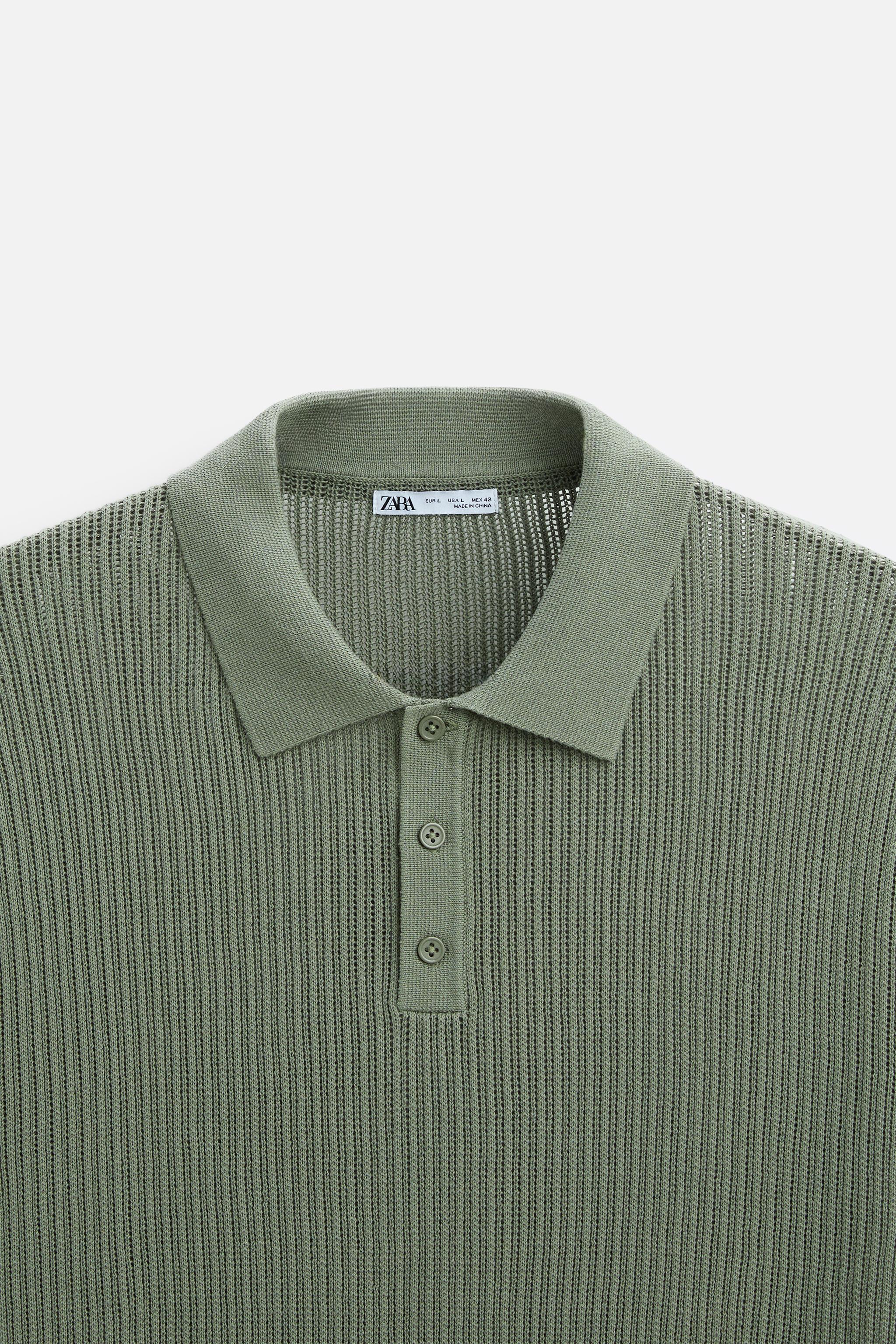 ★ZARA★ SILK/COTTON KNIT POLO SHIRT COTTON - LINEN KNIT POLO SHIRT - Greenish | ZARA Australia