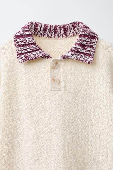 KNIT POLO SHIRT WITH RIBBED COLLAR - Ecru / Maroon by Zara - Image 2