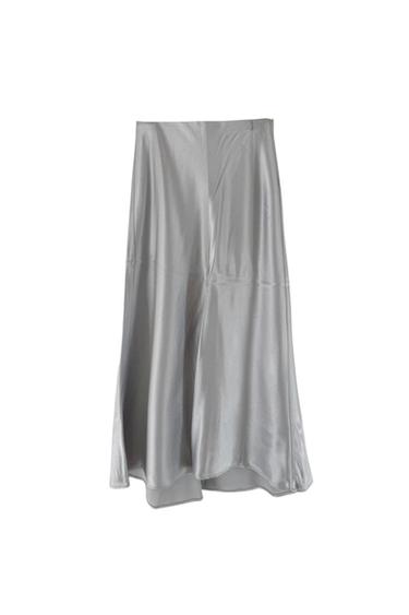 Front view of a gray skirt with a slight sheen and a straight cut.