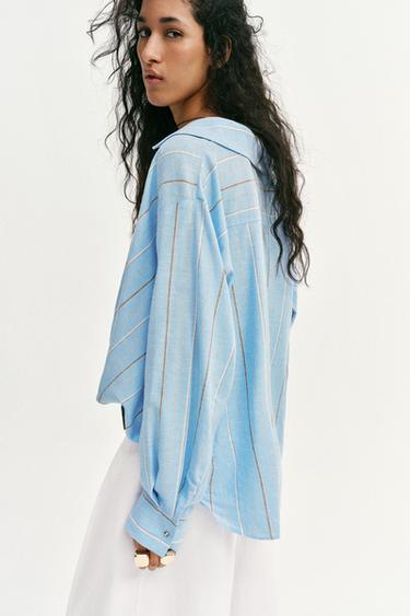 CHEMISE EN LIN À BASE BOUFFANTE - Sable / Bleu de Zara - Image 3