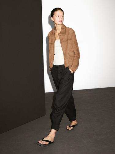 Zara Suede leather jacket with lined buttons - Brown / White - Image 0