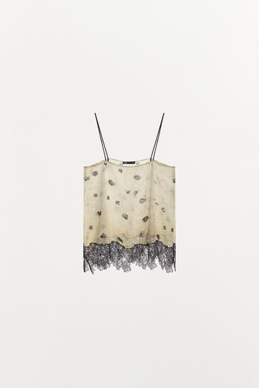 TOP ESTILO LINGERIE ESTAMPADO COM RENDA - Cru / Preto da Zara