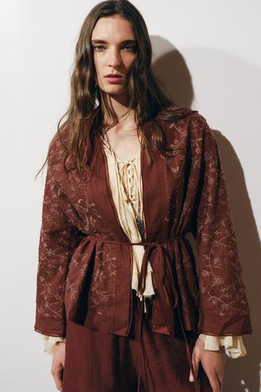 KIMONO BRODÉ AVEC LIN ZW COLLECTION - Bordeaux clair de Zara