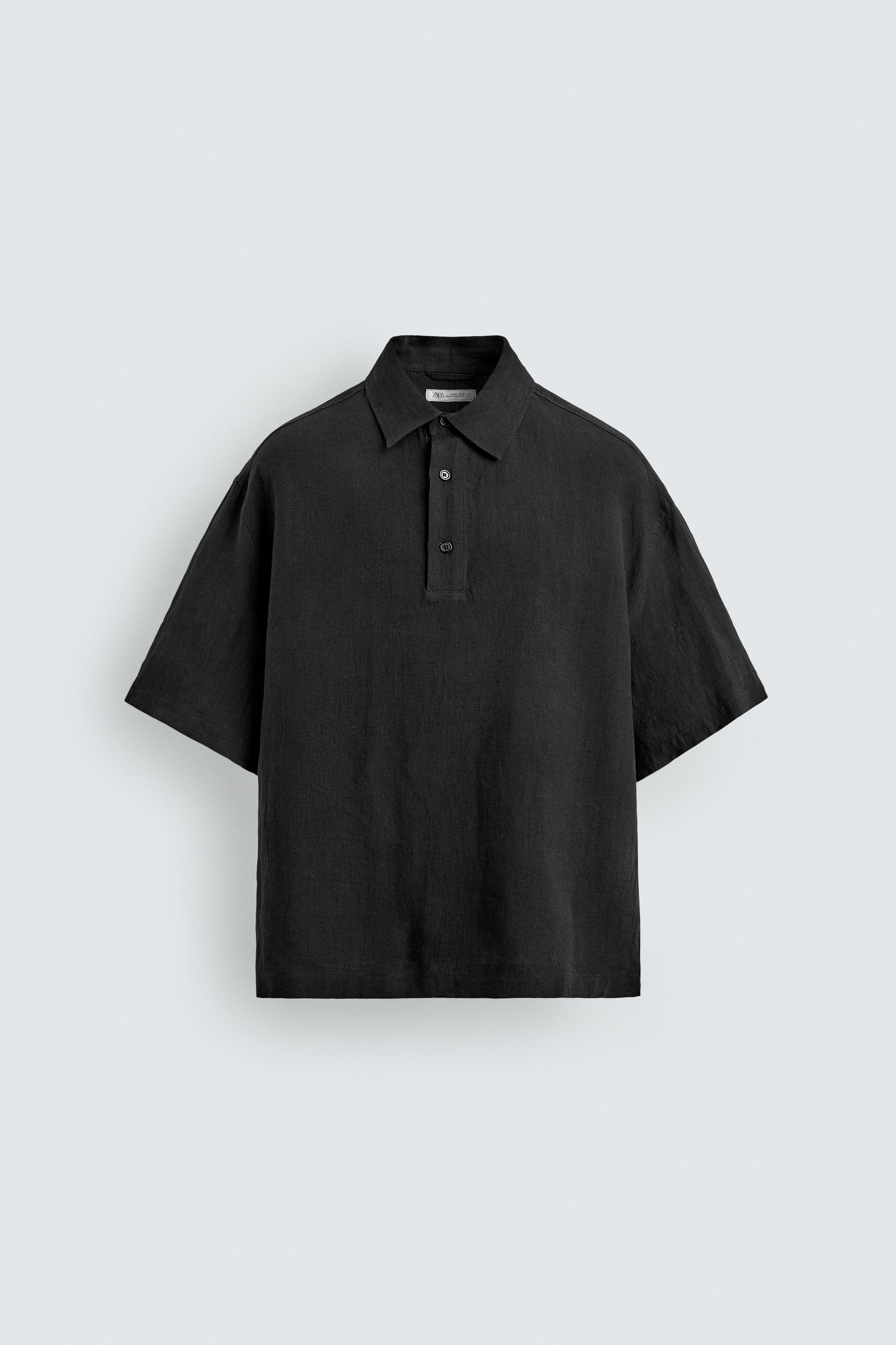 100% LINEN POLO SHIRT — Black