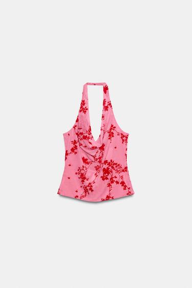 FLOCKED TULLE HALTER TOP - Mid-pink by Zara - Image 4