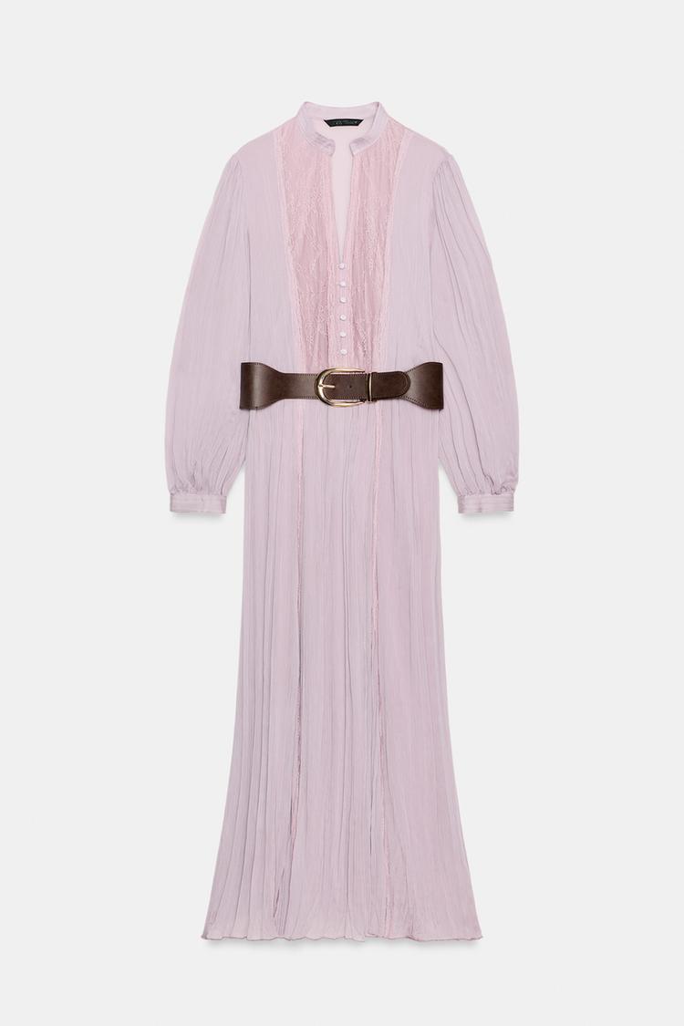 Robe Midi Plissée Col V Manches Longues Transparentes