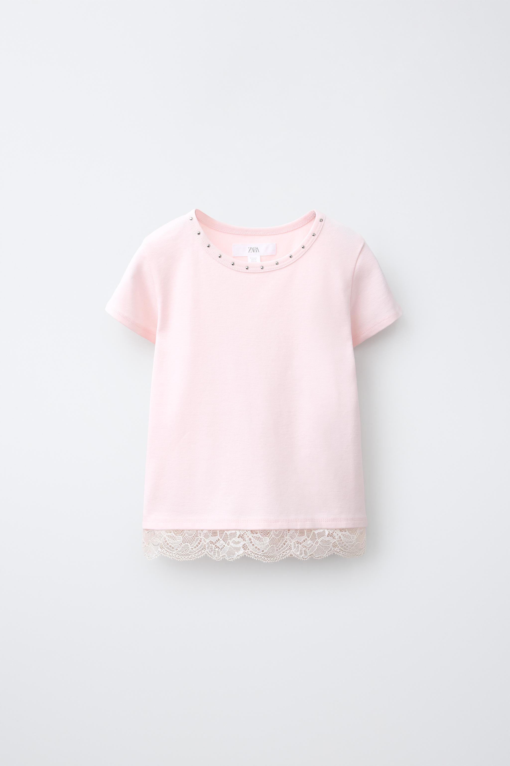 STUDDED LACE HEM T-SHIRT — Pink