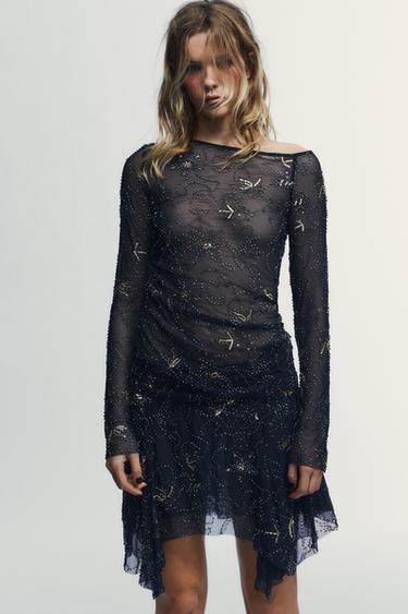 Zara DRAPED BEADED EMBROIDERED TULLE TOP - Blue