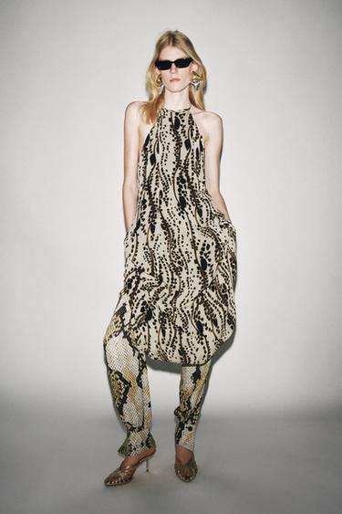 Zara ZW COLLECTION ANIMAL PRINT PANTS - Khaki