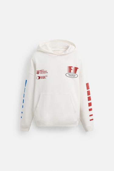 סווטשירט קפוצ'ון עם הדפס RACING - אוף ווייט של Zara