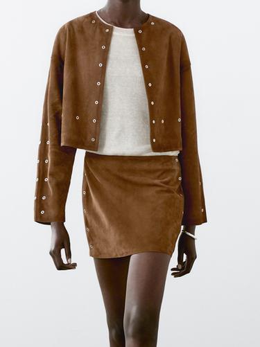 Falda mini eyelets piel ante - Marrón claro de Zara